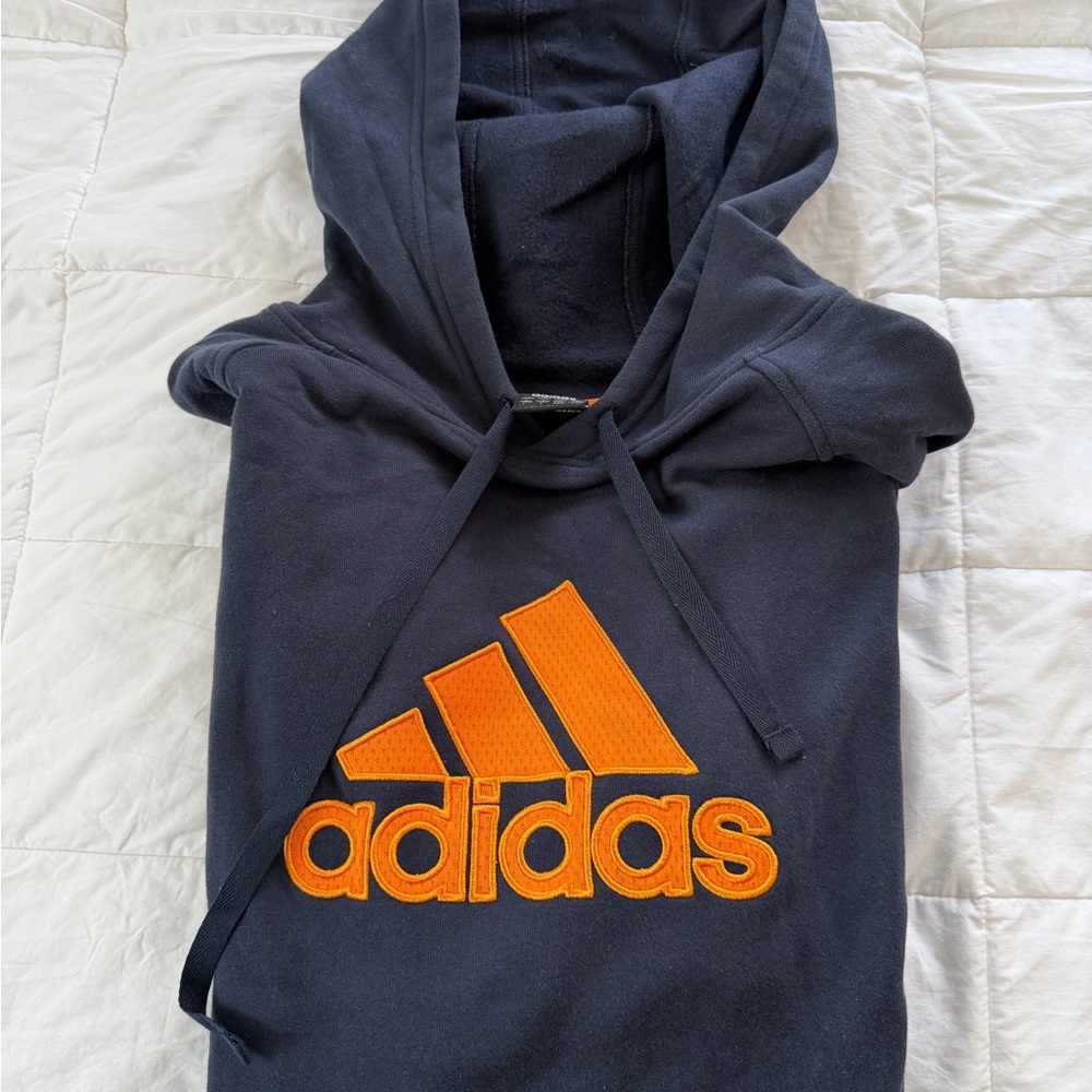 Adidas Dark Blue Hoodie with Vibrant Orange Logo men’s large like new